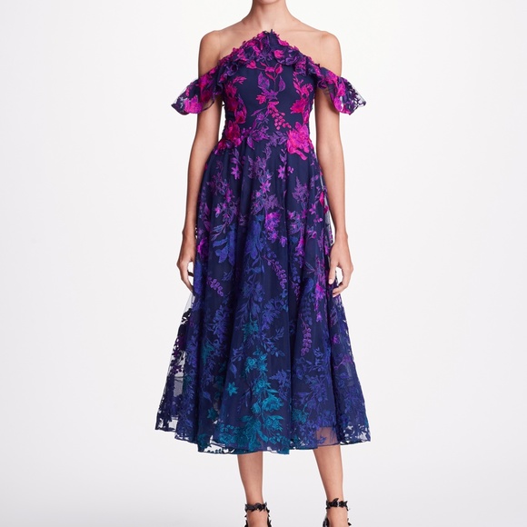 Marchesa Notte Embroidered Tulle Ombre Tea Length
